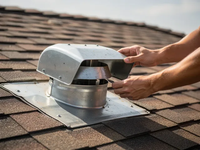 Twinsburg Dryer Vent Cleaning certified technician safely cleaning a roof-mounted dryer vent in Twinsburg