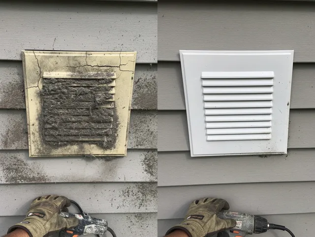 Twinsburg Dryer Vent Cleaning technician installing high-quality dryer vent cover at a residential property in Twinsburg