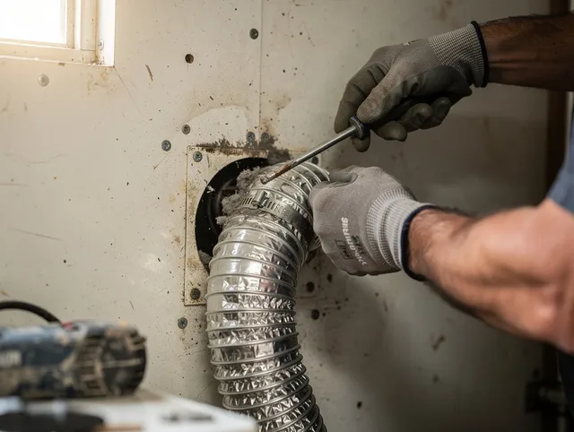Twinsburg Dryer Vent Cleaning technician performing precise dryer vent hose installation in Twinsburg